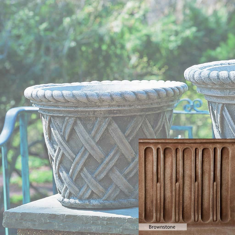 Brownstone Patina for the Campania International English Weave Medium Planter, brown blended with hints of red and yellow, works well in the garden.