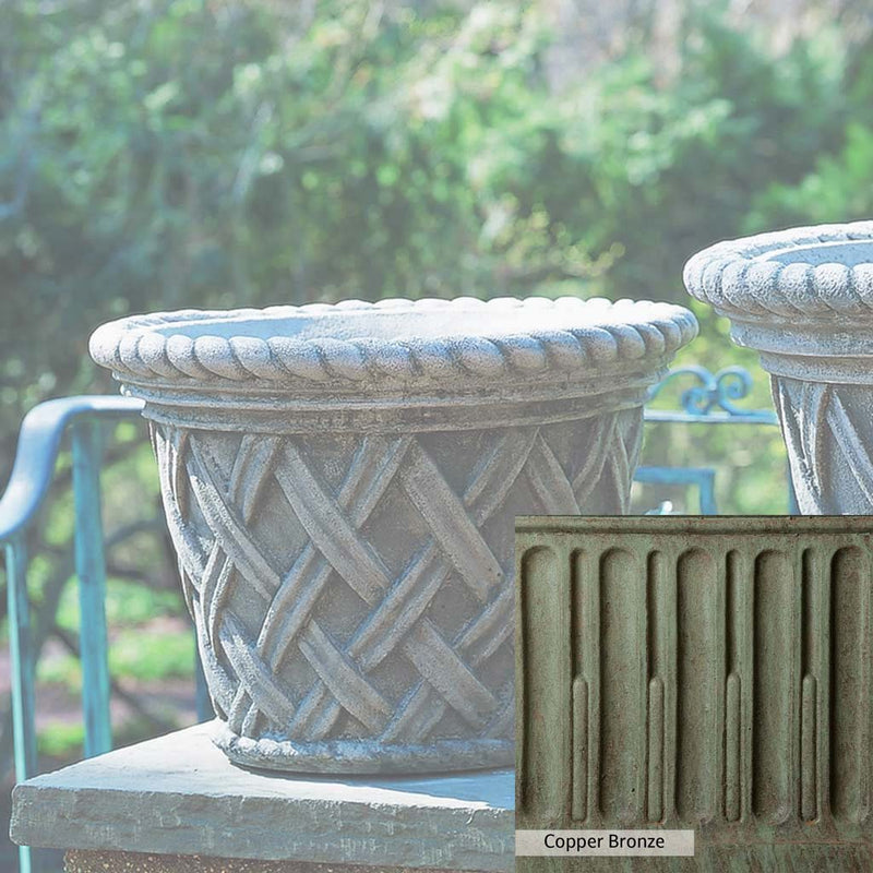 Copper Bronze Patina for theCampania International English Weave Medium Planter, blues and greens blended into the look of aged copper.