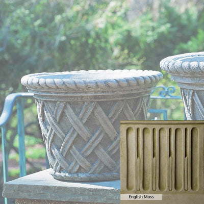 English Moss Patina for the Campania International English Weave Medium Planter, green blended into a soft pallet with a light undertone of gray.