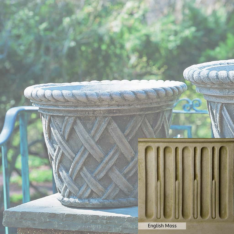 English Moss Patina for the Campania International English Weave Medium Planter, green blended into a soft pallet with a light undertone of gray.
