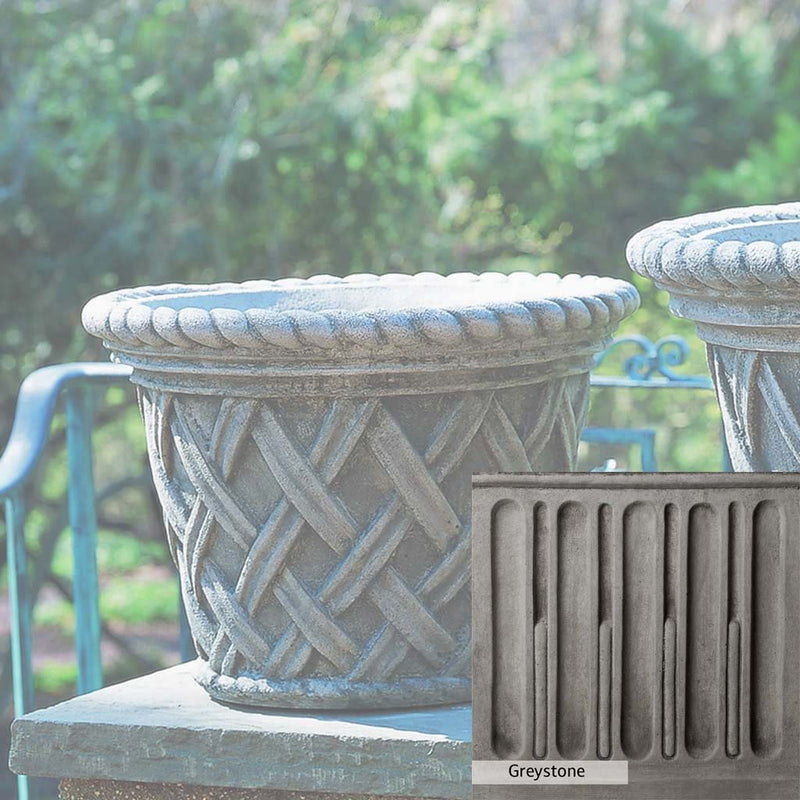 Greystone Patina for the Campania International English Weave Medium Planter , a classic gray, soft, and muted, blends nicely in the garden.