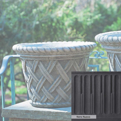 Nero Nuovo Patina for theCampania International English Weave Medium Planter, bold dramatic black patina for the garden.