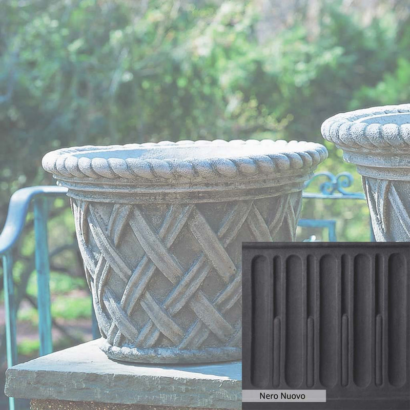 Nero Nuovo Patina for theCampania International English Weave Medium Planter, bold dramatic black patina for the garden.
