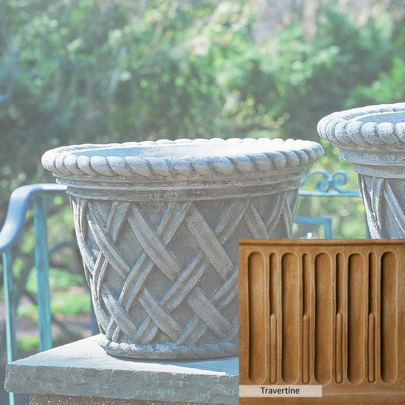 Travertine Patina for the Campania International English Weave Medium Planter, soft yellows, oranges, and brown for an old-word garden.