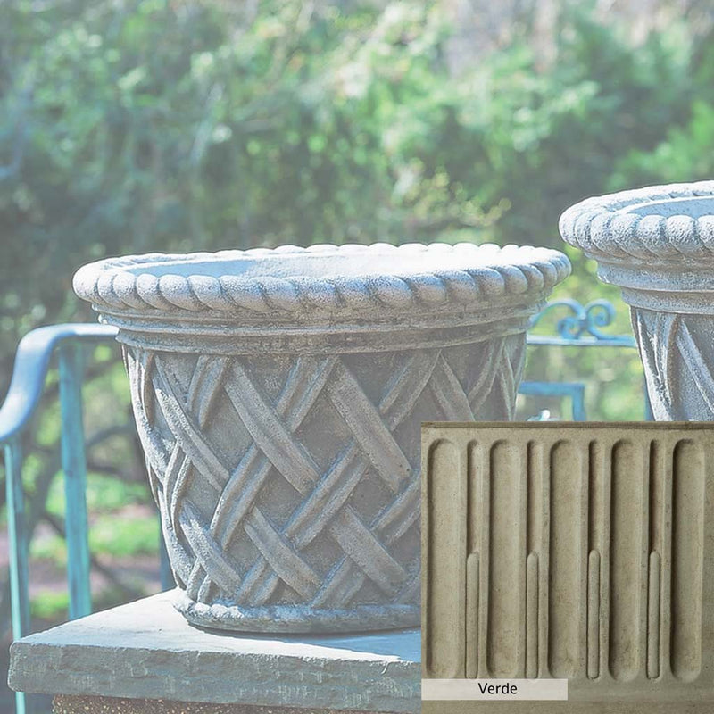 Verde Patina for the Campania International English Weave Medium Planter, green and gray come together in a soft tone blended into a soft green.