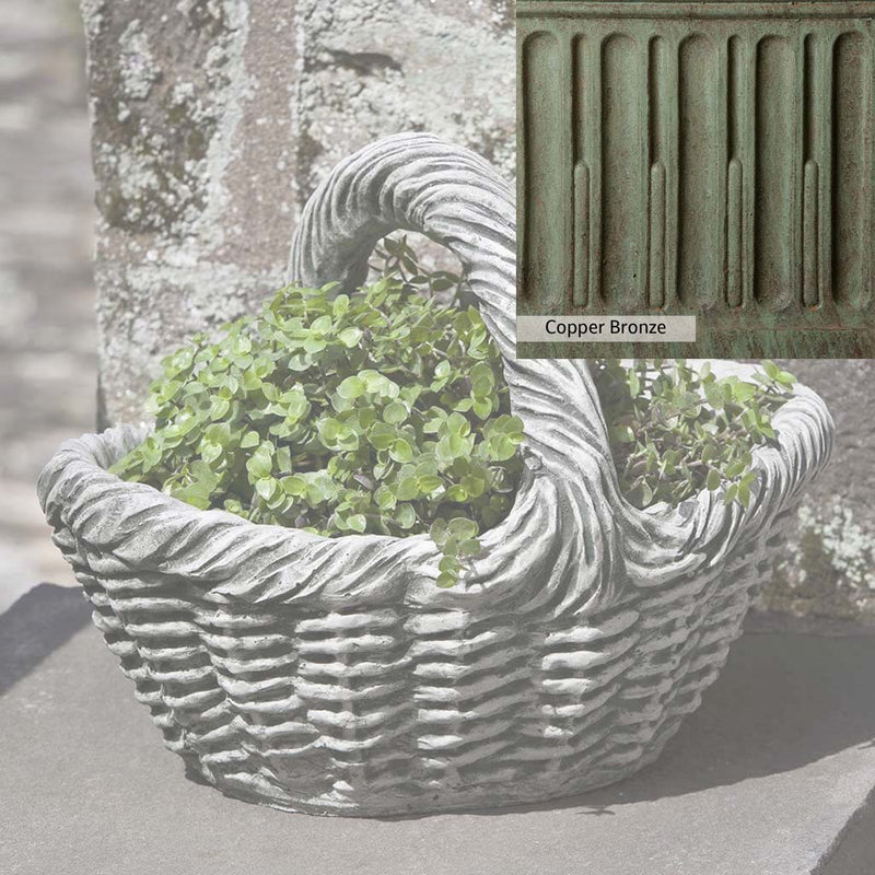 Copper Bronze Patina for theCampania International Basket with Handle Small Planter, blues and greens blended into the look of aged copper.