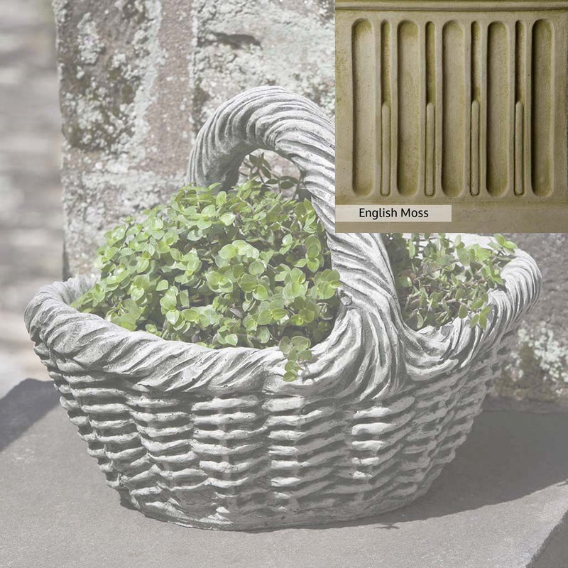 English Moss Patina for the Campania International Basket with Handle Small Planter, green blended into a soft pallet with a light undertone of gray.