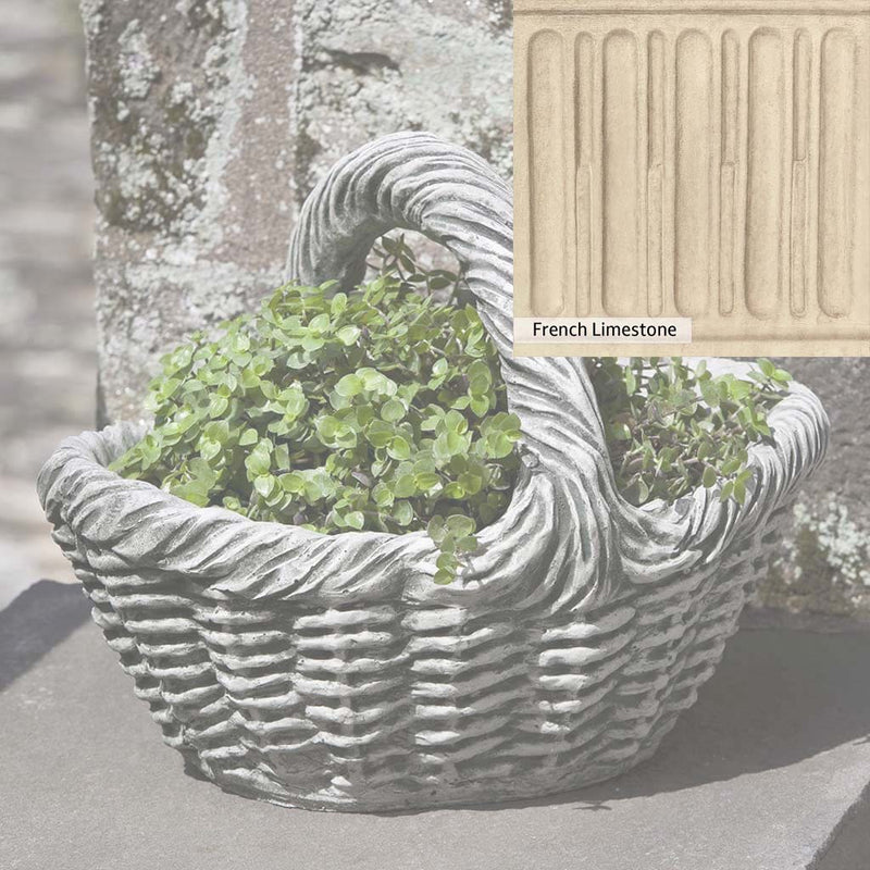 French Limestone Patina for the Campania International Basket with Handle Small Planter, old-world creamy white with ivory undertones.