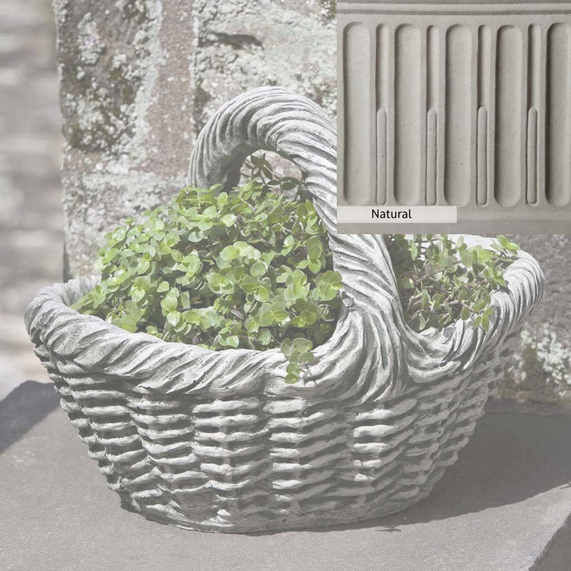 Natural Patina for theCampania International Basket with Handle Small Planter is unstained cast stone, the brightest and whitest finish that will age.