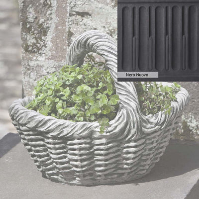 Nero Nuovo Patina for theCampania International Basket with Handle Small Planter, bold dramatic black patina for the garden.