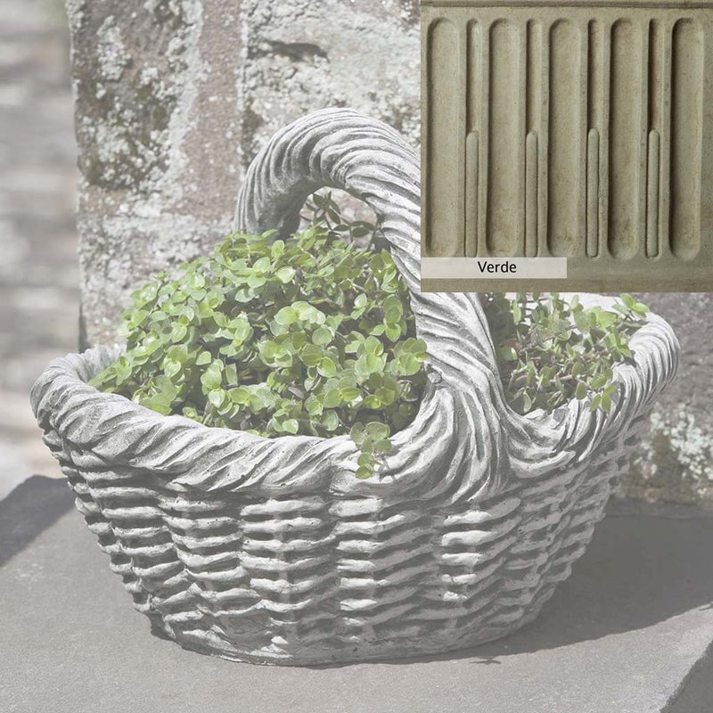 Verde Patina for the Campania International Basket with Handle Small Planter, green and gray come together in a soft tone blended into a soft green.