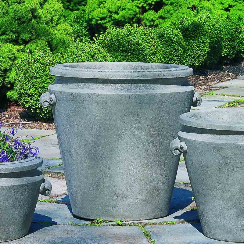 Campania International Scroll Handle Large Planter is shown in the Greystone Patina. Made from cast stone.