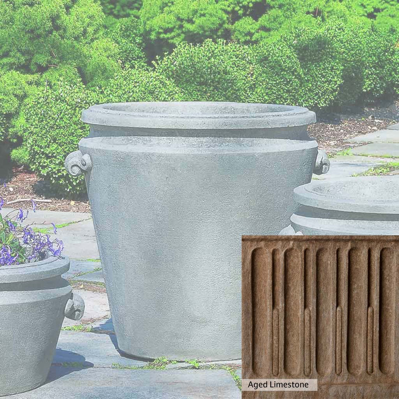 Aged Limestone Patina for the Campania International Scroll Handle Large Planter, brown, orange, and green for an old stone look.