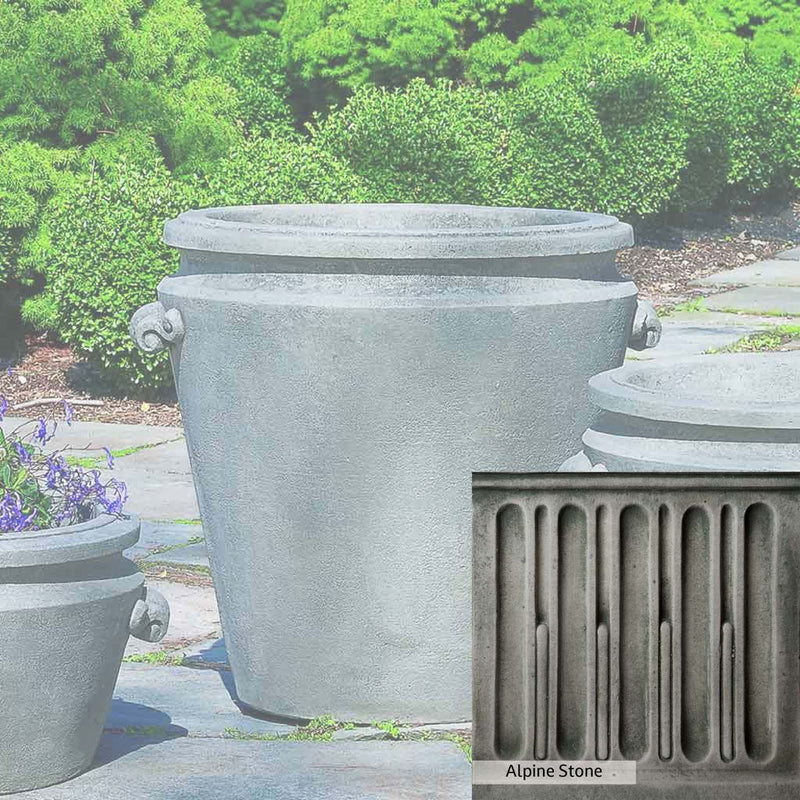 Alpine Stone Patina for the Campania International Scroll Handle Large Planter, a medium gray with a bit of green to define the details.