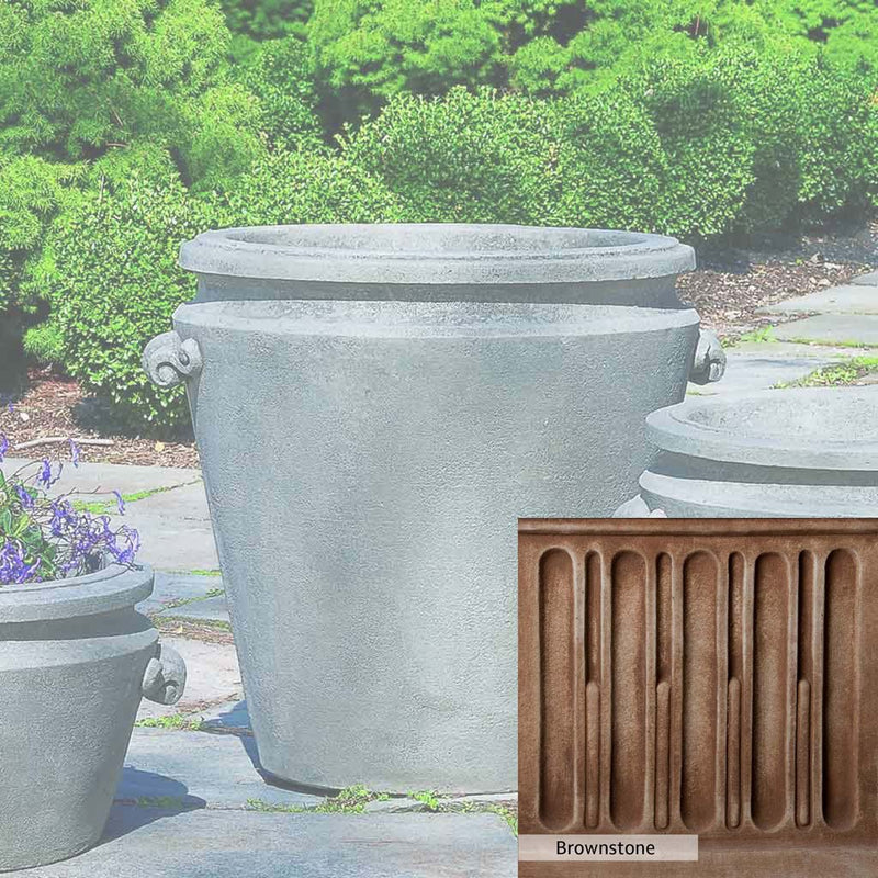 Brownstone Patina for the Campania International Scroll Handle Large Planter, brown blended with hints of red and yellow, works well in the garden.