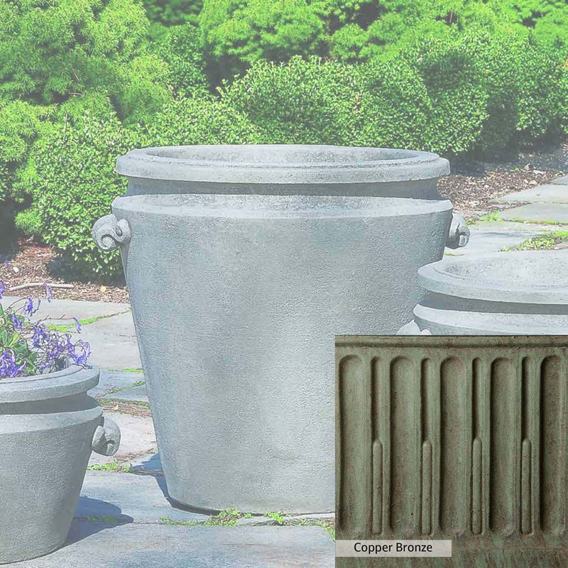Copper Bronze Patina for theCampania International Scroll Handle Large Planter, blues and greens blended into the look of aged copper.