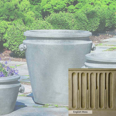 English Moss Patina for the Campania International Scroll Handle Large Planter, green blended into a soft pallet with a light undertone of gray.