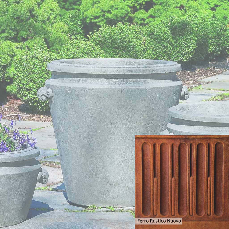 Ferro Rustico Nuovo Patina for the Campania International Scroll Handle Large Planter, red and orange blended in this striking color for the garden.