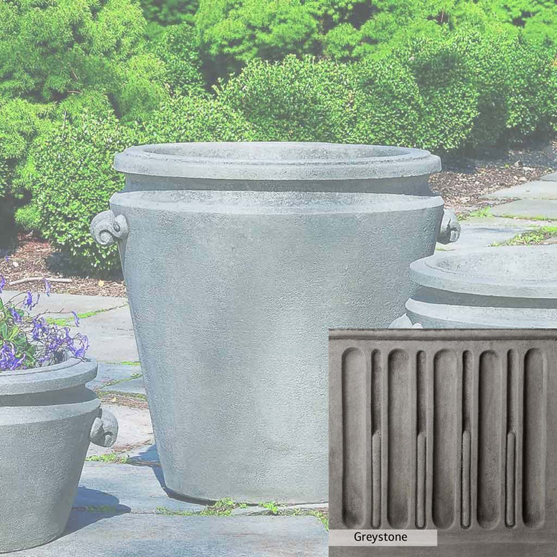 Greystone Patina for the Campania International Scroll Handle Large Planter , a classic gray, soft, and muted, blends nicely in the garden.