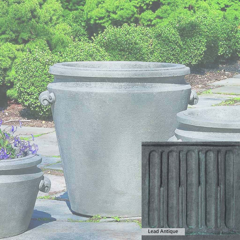 The Lead Antique Patina for the Campania International Scroll Handle Large Planter, aged blue and grey layered to give the look of a classic antique lead patina.