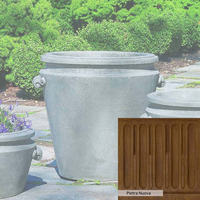 Pietra Nuova Patina for the Campania International Scroll Handle Large Planter, a rich brown blended with black and orange.