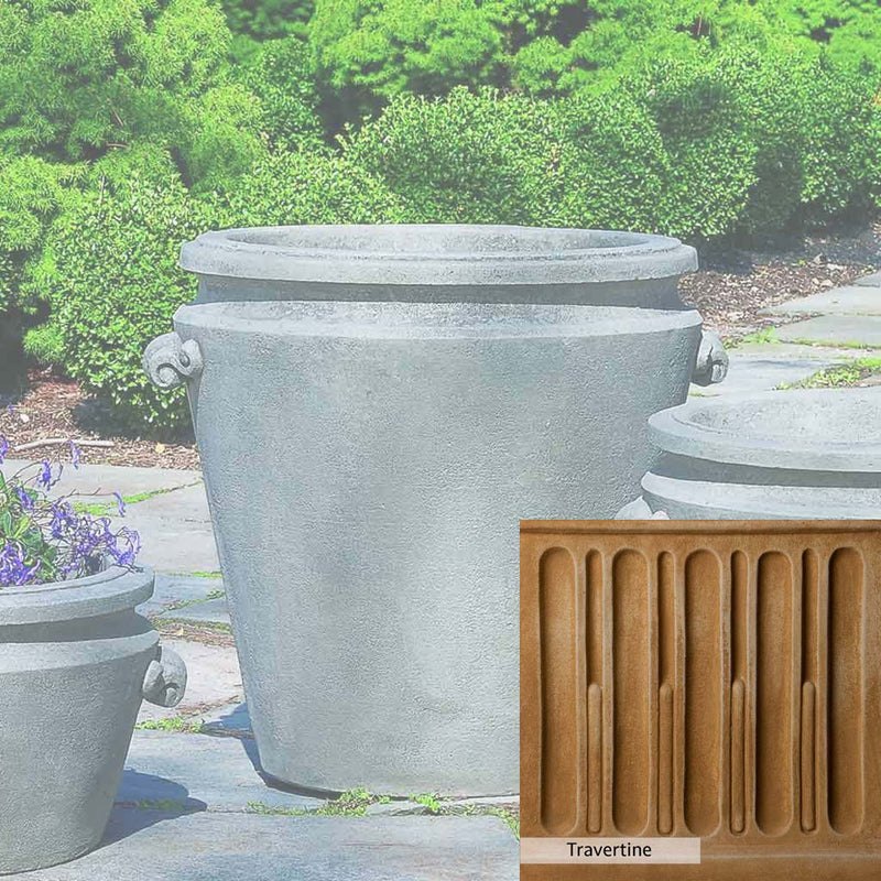 Travertine Patina for the Campania International Scroll Handle Large Planter, soft yellows, oranges, and brown for an old-word garden.
