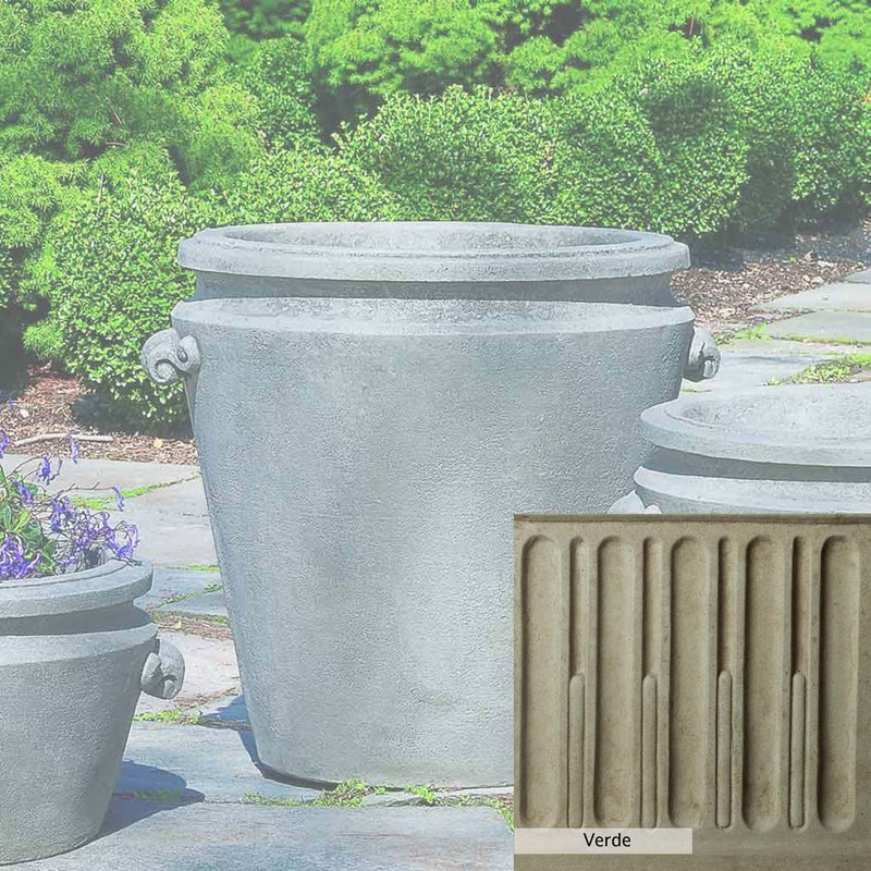 Verde Patina for the Campania International Scroll Handle Large Planter, green and gray come together in a soft tone blended into a soft green.