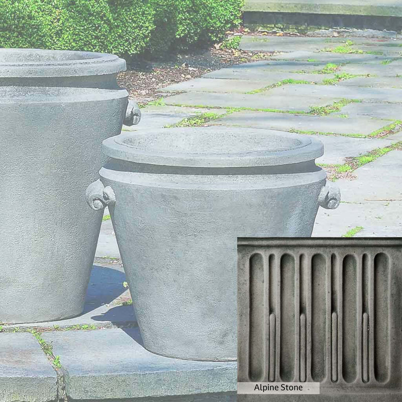 Alpine Stone Patina for the Campania International Scroll Handle Medium Planter, a medium gray with a bit of green to define the details.