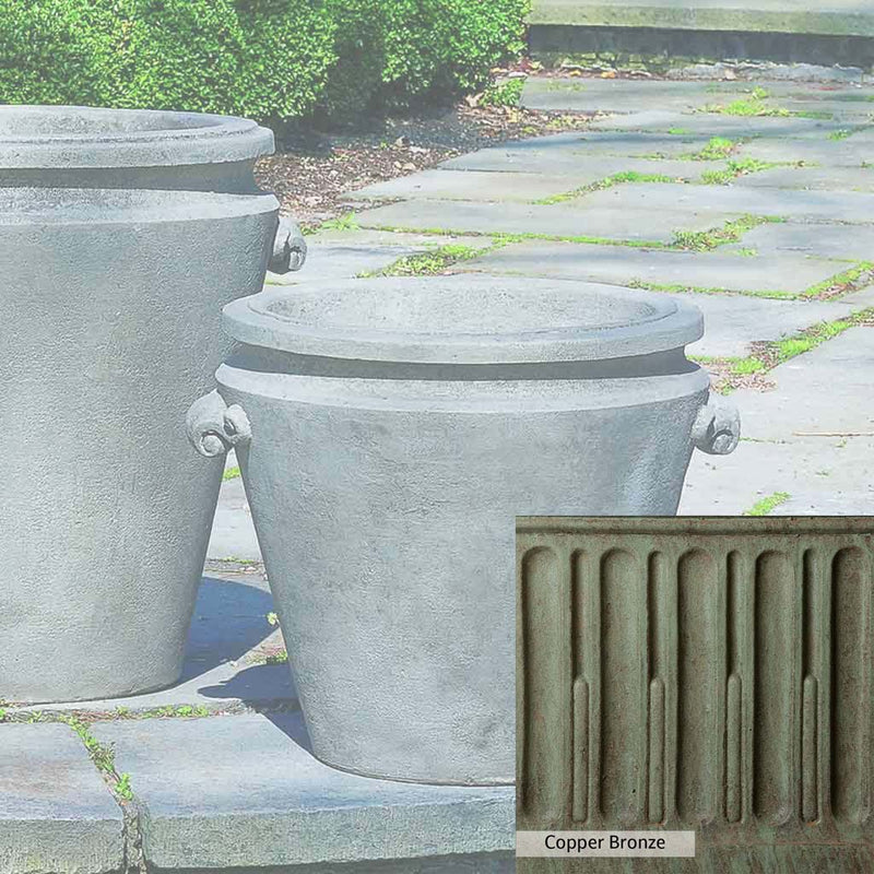 Copper Bronze Patina for theCampania International Scroll Handle Medium Planter, blues and greens blended into the look of aged copper.