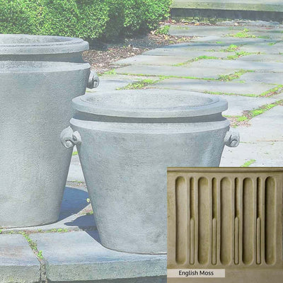 English Moss Patina for the Campania International Scroll Handle Medium Planter, green blended into a soft pallet with a light undertone of gray.