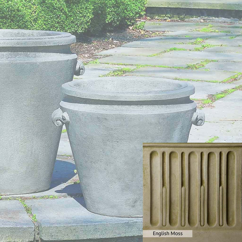 English Moss Patina for the Campania International Scroll Handle Medium Planter, green blended into a soft pallet with a light undertone of gray.