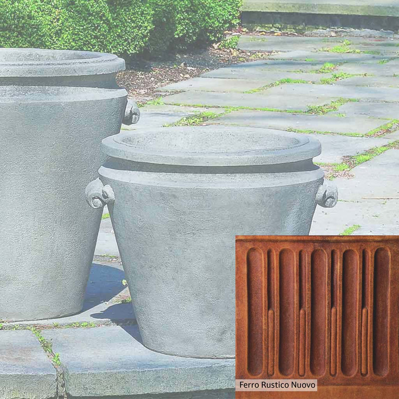 Ferro Rustico Nuovo Patina for the Campania International Scroll Handle Medium Planter, red and orange blended in this striking color for the garden.