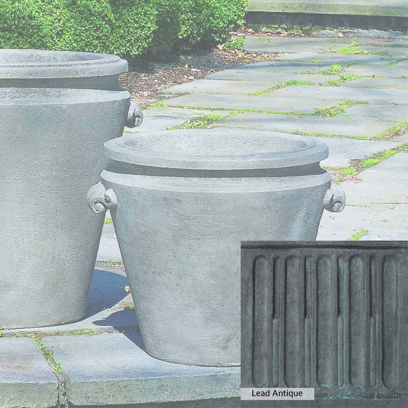 The Lead Antique Patina for the Campania International Scroll Handle Medium Planter, aged blue and grey layered to give the look of a classic antique lead patina.
