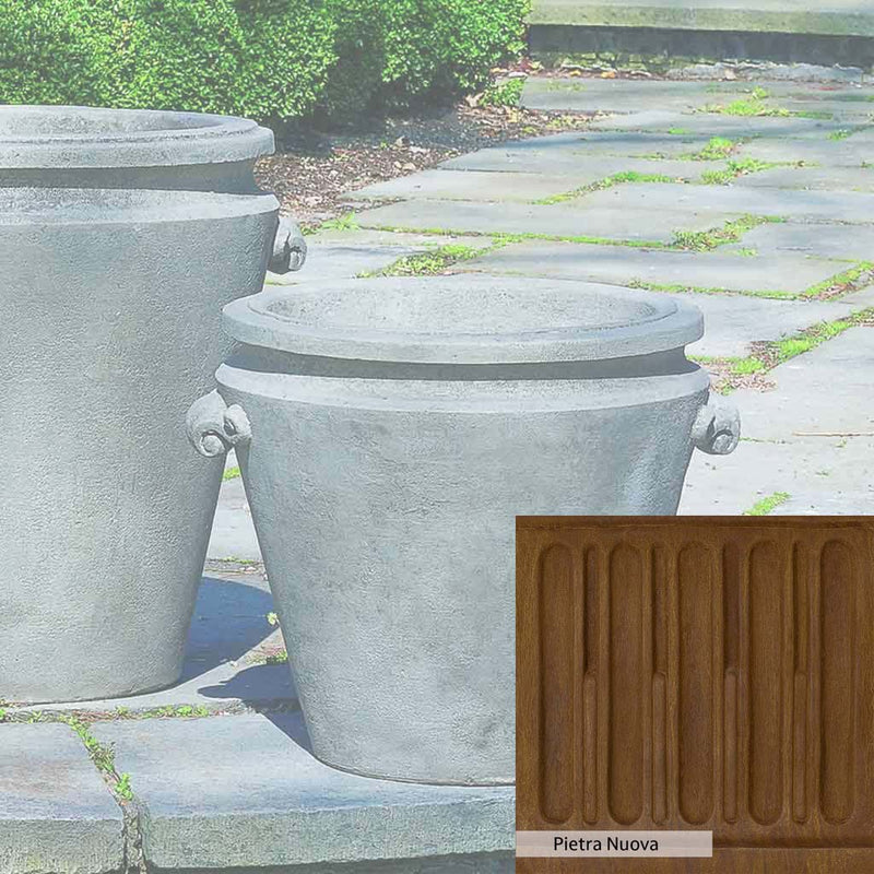Pietra Nuova Patina for the Campania International Scroll Handle Medium Planter, a rich brown blended with black and orange.