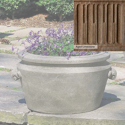 Aged Limestone Patina for the Campania International Scroll Handle Tub Planter, brown, orange, and green for an old stone look.