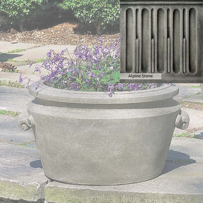 Alpine Stone Patina for the Campania International Scroll Handle Tub Planter, a medium gray with a bit of green to define the details.