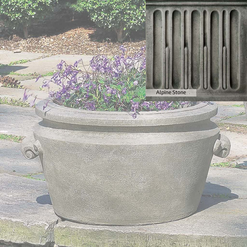 Alpine Stone Patina for the Campania International Scroll Handle Tub Planter, a medium gray with a bit of green to define the details.