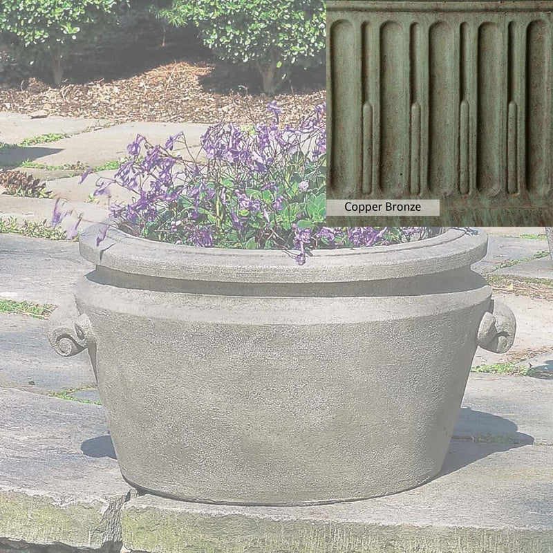 Copper Bronze Patina for theCampania International Scroll Handle Tub Planter, blues and greens blended into the look of aged copper.