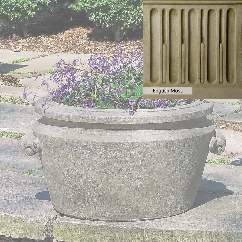 English Moss Patina for the Campania International Scroll Handle Tub Planter, green blended into a soft pallet with a light undertone of gray.