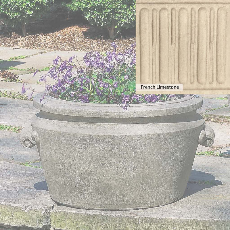 Ferro Rustico Nuovo Patina for the Campania International Scroll Handle Tub Planter, red and orange blended in this striking color for the garden.