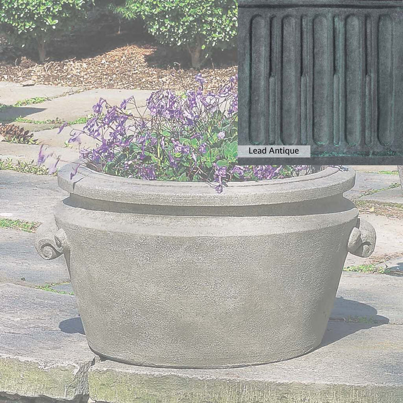 The Lead Antique Patina for the Campania International Scroll Handle Tub Planter, aged blue and grey layered to give the look of a classic antique lead patina.