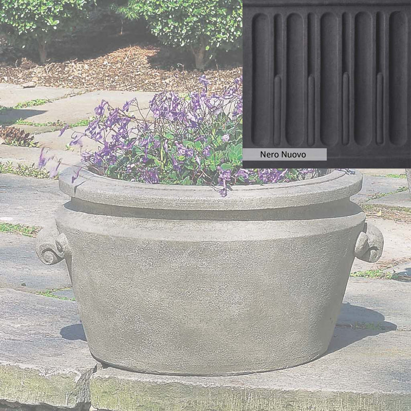 Nero Nuovo Patina for theCampania International Scroll Handle Tub Planter, bold dramatic black patina for the garden.