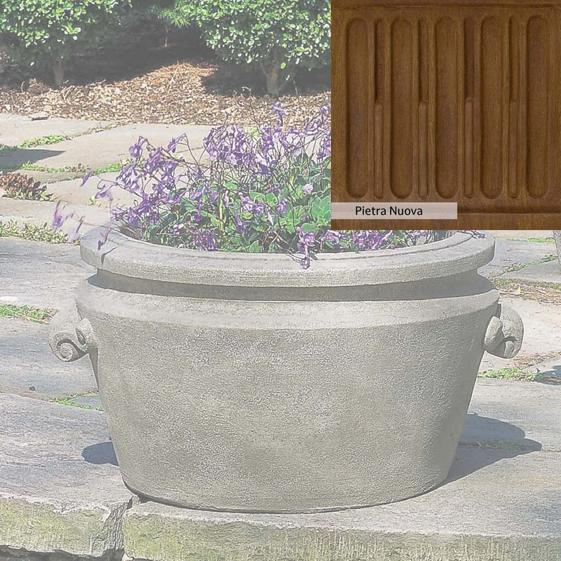 Pietra Nuova Patina for the Campania International Scroll Handle Tub Planter, a rich brown blended with black and orange.