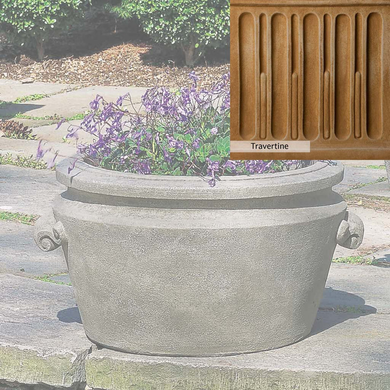 Travertine Patina for the Campania International Scroll Handle Tub Planter, soft yellows, oranges, and brown for an old-word garden.