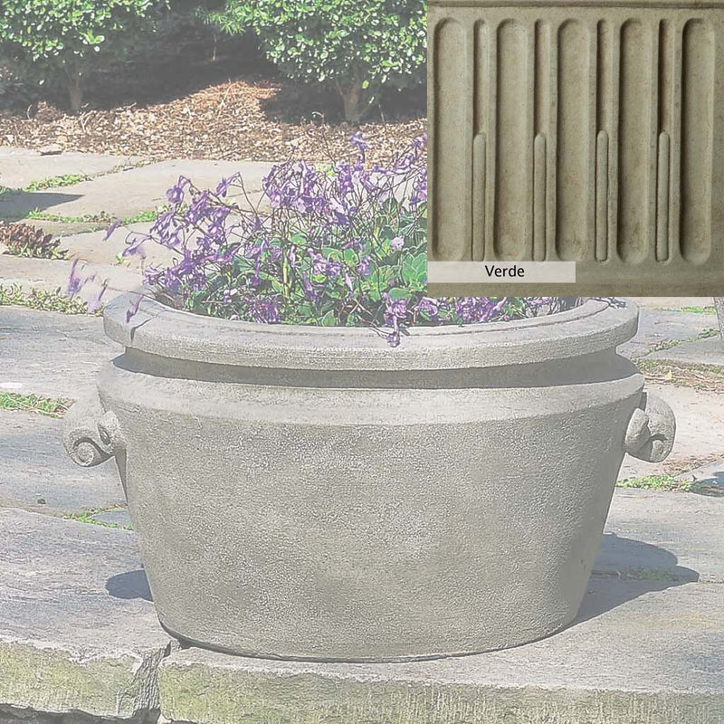 Verde Patina for the Campania International Scroll Handle Tub Planter, green and gray come together in a soft tone blended into a soft green.