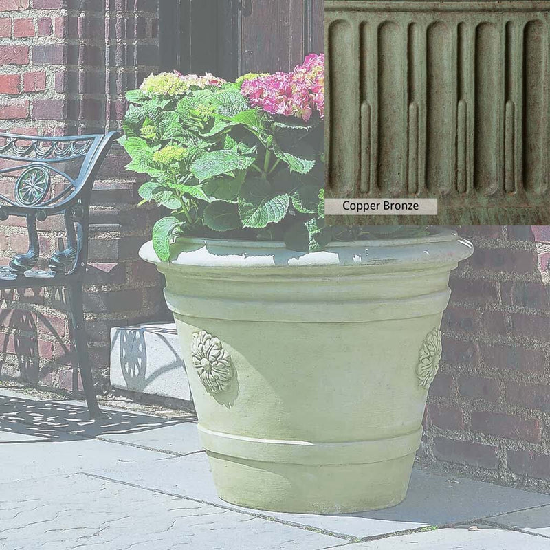 Copper Bronze Patina for theCampania International Certosa Medallion Planter, blues and greens blended into the look of aged copper.