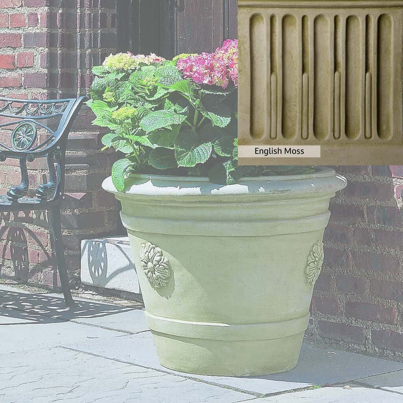 English Moss Patina for the Campania International Certosa Medallion Planter, green blended into a soft pallet with a light undertone of gray.
