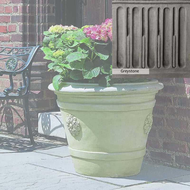 Greystone Patina for the Campania International Certosa Medallion Planter , a classic gray, soft, and muted, blends nicely in the garden.