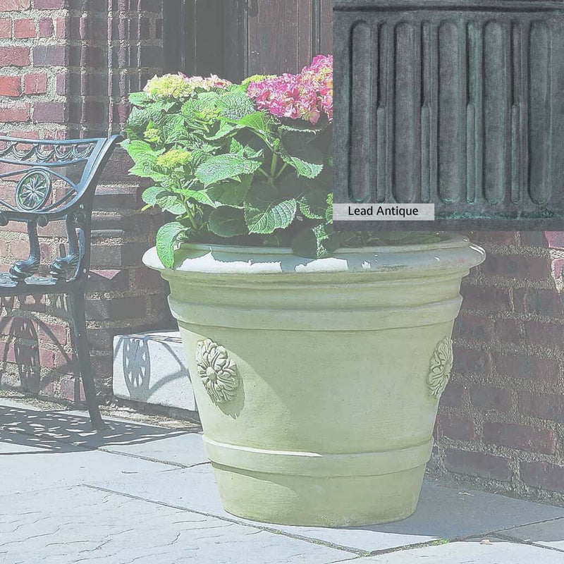 The Lead Antique Patina for the Campania International Certosa Medallion Planter, aged blue and grey layered to give the look of a classic antique lead patina.