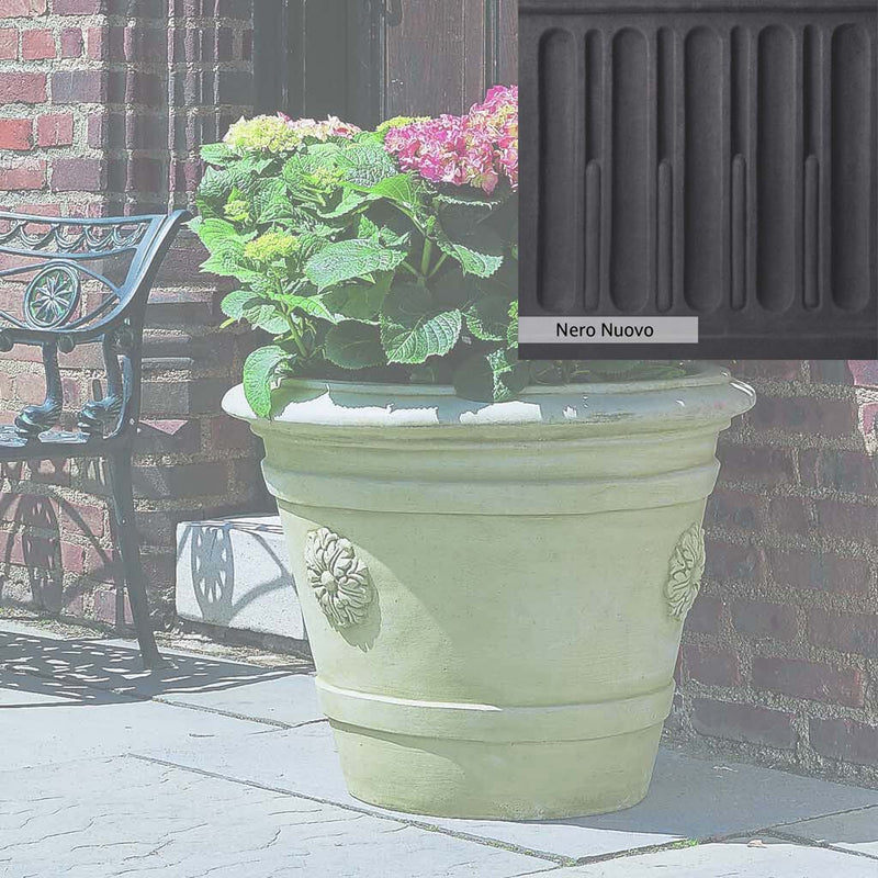 Nero Nuovo Patina for theCampania International Certosa Medallion Planter, bold dramatic black patina for the garden.